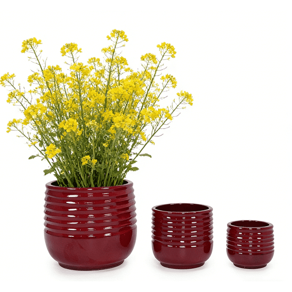 mdj pottery Ceramic Plant Pots Set of 3, Ribbed Pattern Flower Pots with Drainage Hole, 8/11/14.57 Inch Indoor/Oudoor Planters for Orchid, Pothos, Succulent, Decorative Plant Gifts - Red