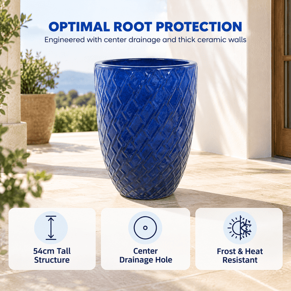 mdj pottery Ceramic Planter, 16.54 inch Plant Pot with Drainage Hole, Large Planter for Plants Bougainvillea, Shrubs, Small Trees, Indoor/Outdoor Tall Flower Pot for Plant Gifts - Dark Blue