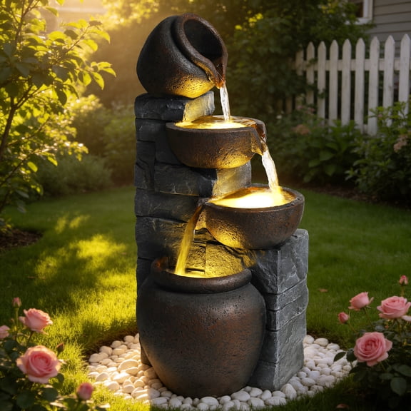 mdj pottery Outdoor Cascading Water Fountain with LED Lights - 25.6" Tall Resin 4-Tier Rustic Jug Water Fall for Patio, Garden, and Backyard - Grayish Brown
