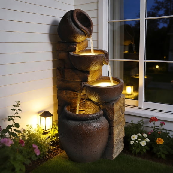 mdj pottery Outdoor Cascading Water Fountain with LED Lights - 25.6" Tall Resin 4-Tier Rustic Jug Water Fall for Patio, Garden, and Backyard - Brown