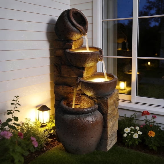 mdj pottery Outdoor Cascading Water Fountain with LED Lights - 25.6" Tall Resin 4-Tier Rustic Jug Water Fall for Patio, Garden, and Backyard - Brown