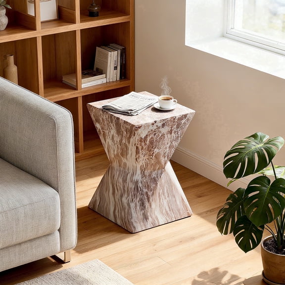 Mdj Pottery 18.3" Brown Modern Faux Marble Side Table, Magnesium Oxide Glass Fiber Weather Resistant Accent Table for Living Room, Patio, Balcony