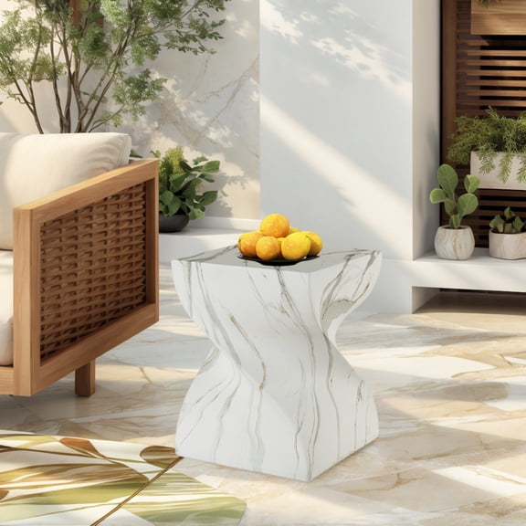 mdj pottery Outdoor Side Table for Patio, Faux White Marble Twisted MgO Accent Table, Weather Resistant, 14.37 x 18.7 Inches, Garden Backyard Indoor Use