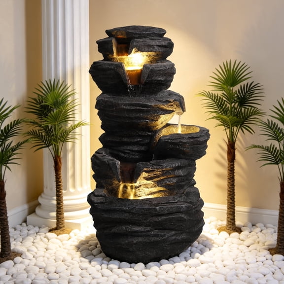 Mdj Pottery 25.6 Inch Tall Black Resin 4‑Tier Cascading Waterfall with Built‑in LED Lights, Outdoor Decor Fountain for Patio, Garden and Backyard