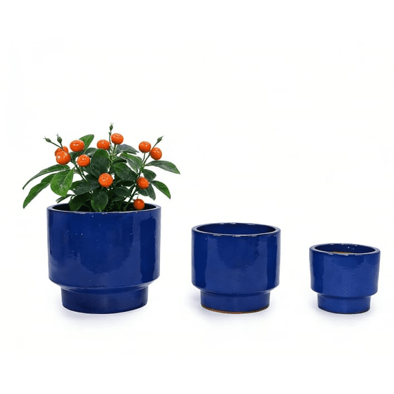 mdj pottery Set of 3 Blue Ceramic Planter, Solid Glazed Ceramic Flower Pots with Drainage Holes, 9"/12"/15" for Orchids & Succulents, Indoor Outdoor Shelf Patio Decor