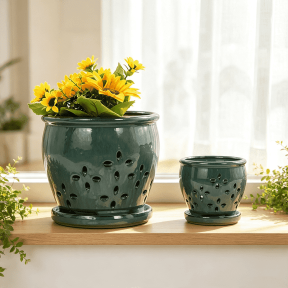 Mdj Pottery Set of 2 Emerald Glazed Ceramic Orchid Planters, 5.9 inches & 7.5 inches with Drainage Vent Holes and Attached Matching Saucer