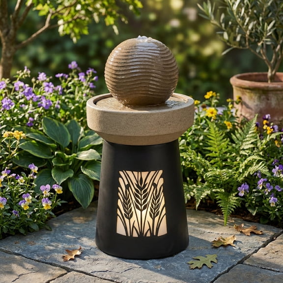 mdj pottery Sphere Water Fountain Outdoor, 32.1 Inch High Resin Water Fountain with Warm LED Lights, Decorative Water Feature for Patio, Backyard, Balcony and Garden (Dark Blue)