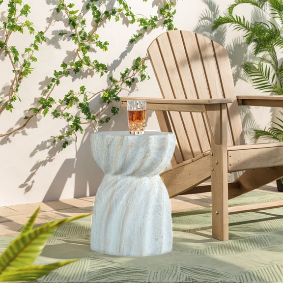 mdj potterySculptural Outdoor Side Table - MgO + Fiberglass Patio End Table with Faux Travertine Texture, Modern Accent Table for Balcony, Poolside, Living Room - White