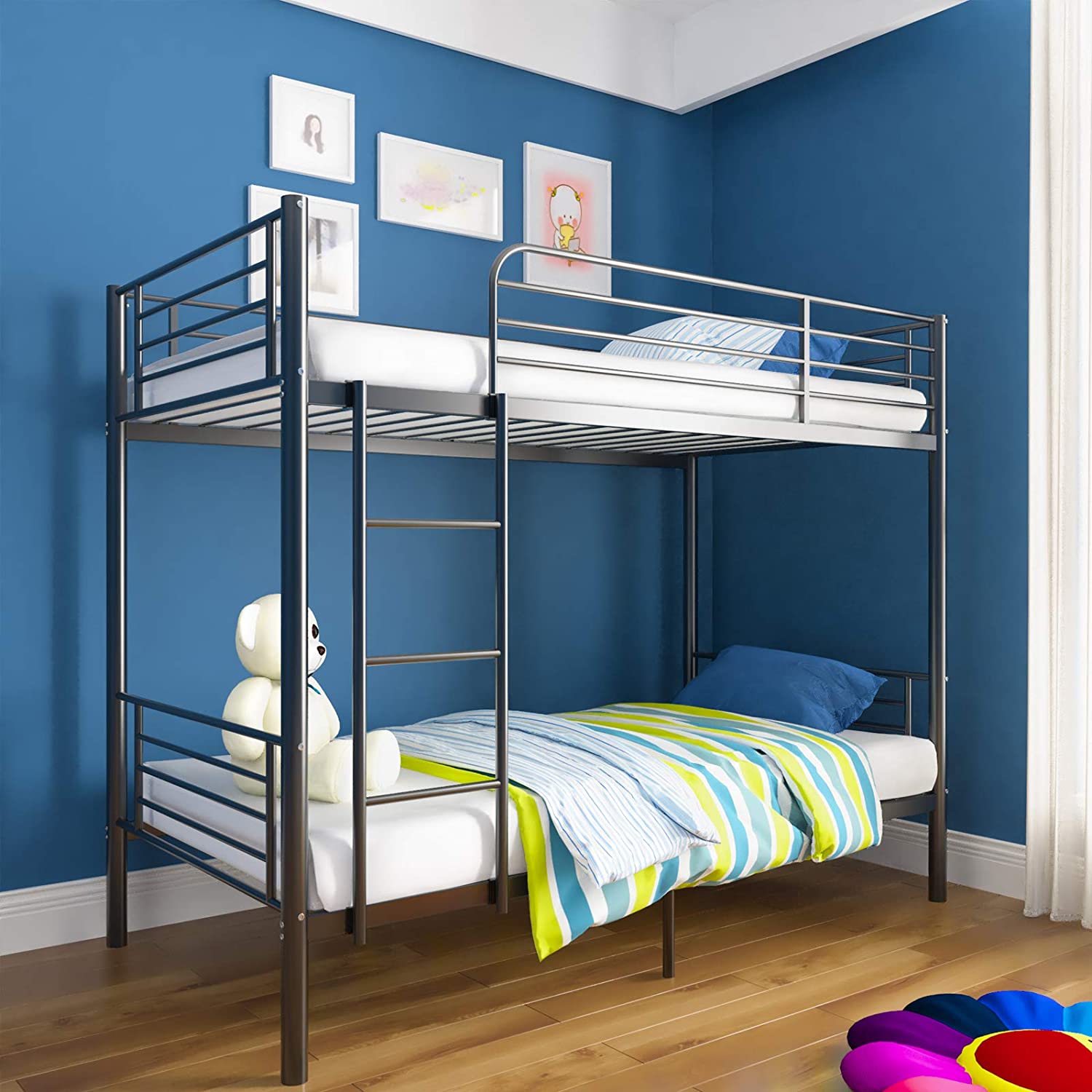 mecor Metal Bunk Bed Twin Over Twin Sturdy Frame with Safety Guard