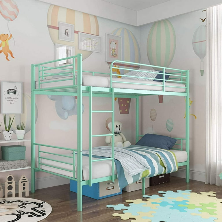 mecor Twin Over Twin Metal Bunk Bed with Removable Ladder Safety Guard Rail Sturdy Frame with Metal Slats for Kids Teens Adults Mint Green Walmart