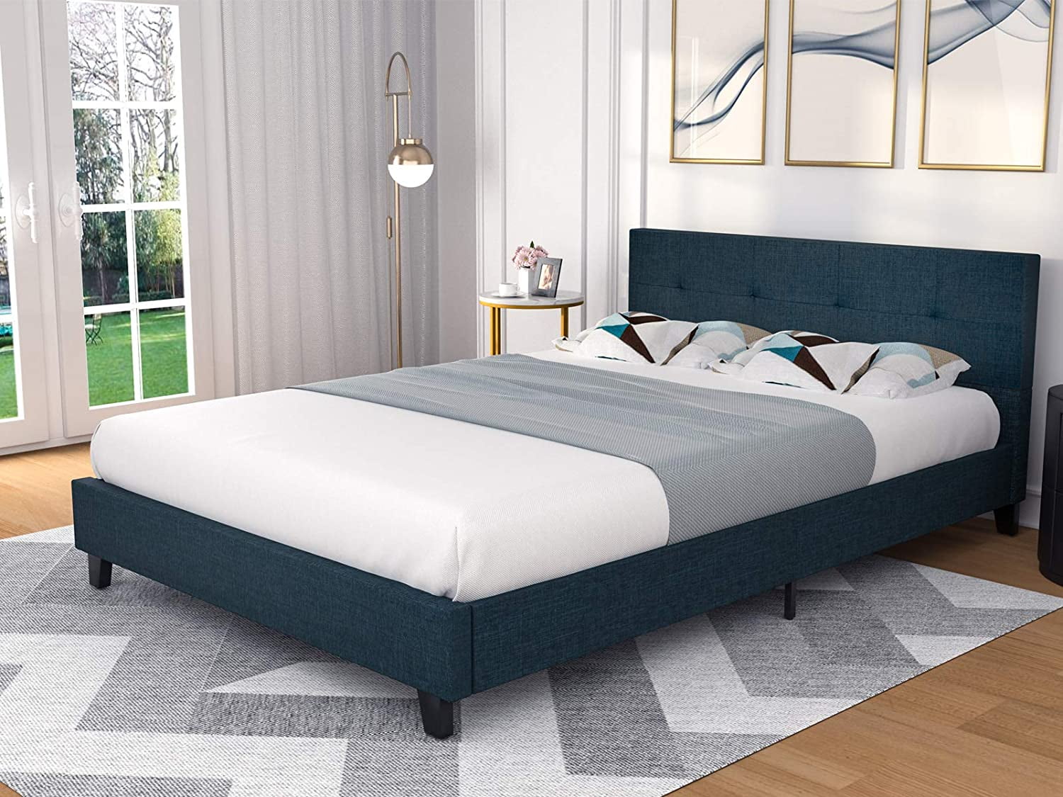 mecor Upholstered Linen Full Platform Bed Metal Frame/Mattress