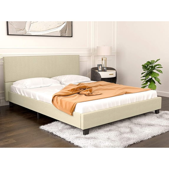 mecor Upholstered Linen Platform Bed Frame | Queen Bed Frame with Fabric Headboard / Strong Wood Slats Support / Easy Assembly - Queen / Beige
