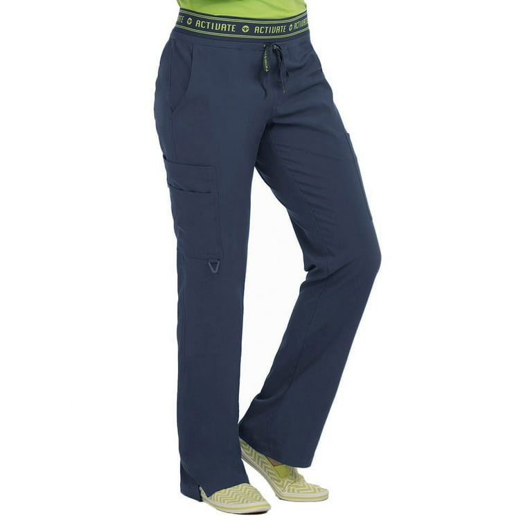 med couture activate scrub pants women, flow yoga 2 cargo pocket pant,  navy, x-small tall