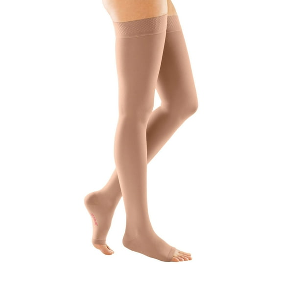medi Forte 30-40 mmHg Thigh High Open Toe w/Silicone Top Band Compression Stockings, Beige, III, Standard