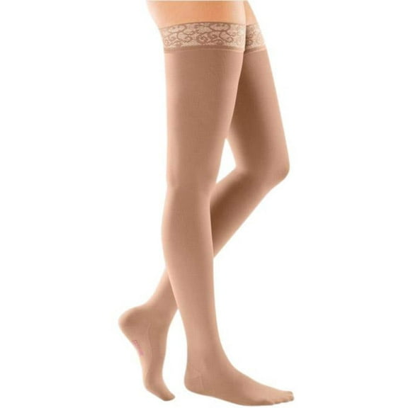 mediven comfort 15-20 mmHg Thigh High w/Lace Silicone Top Band Closed Toe Compression Stockings, Natural, III-Standard