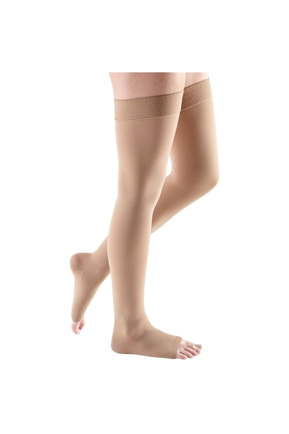 comfort for Men & Women, 15-20 mmHg Thigh High w/Beaded Silicone Top Band Open Toe Compression Stockings, Natural, I-Standard