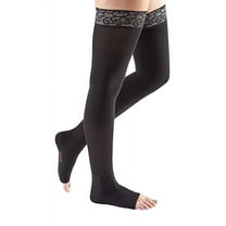 mediven comfort 15-20 mmHg Thigh High w/Lace Silicone Top Band Open Toe Compression Stockings, Ebony, V-Petite