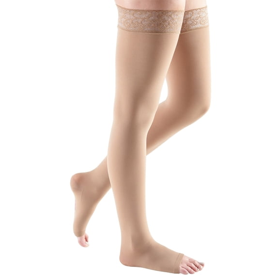 mediven comfort 15-20 mmHg Thigh High w/Lace Silicone Top Band Open Toe Compression Stockings, Ebony, VI-Standard