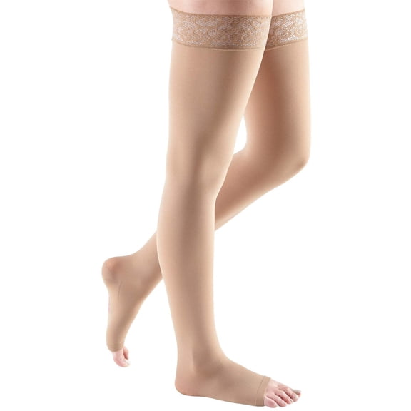 mediven comfort 15-20 mmHg Thigh High w/Lace Silicone Top Band Open Toe Compression Stockings, Natural, III-Petite