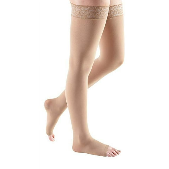 mediven comfort 30-40 mmHg Thigh High w/Lace Silicone Top Band Open Toe Compression Stockings, Natural, II-Standard