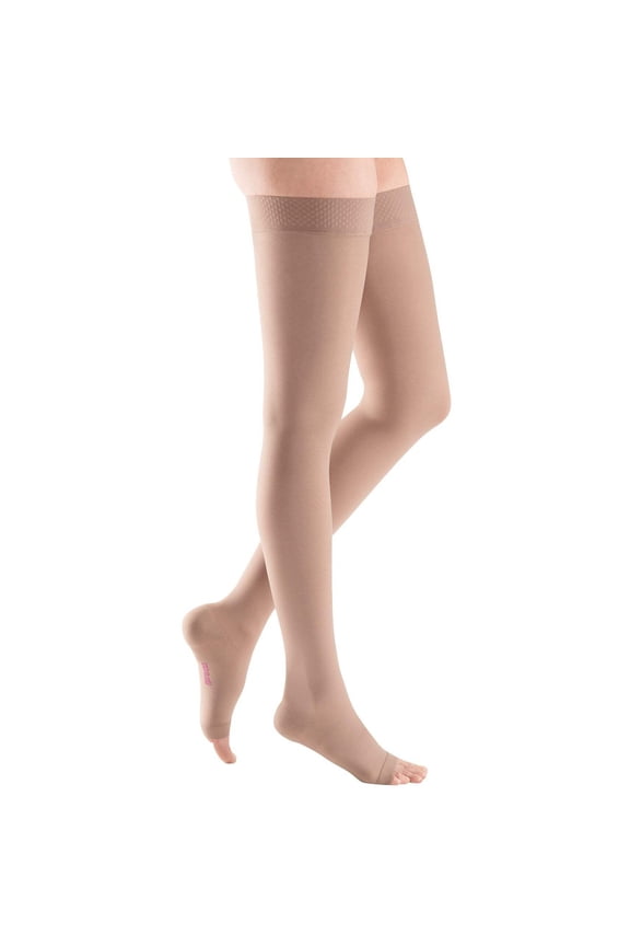 ven plus for Men & Women, 20-30 mmHg Thigh High w/Beaded Silicone Top Band Open Toe Compression Stockings, Beige, I-Petite