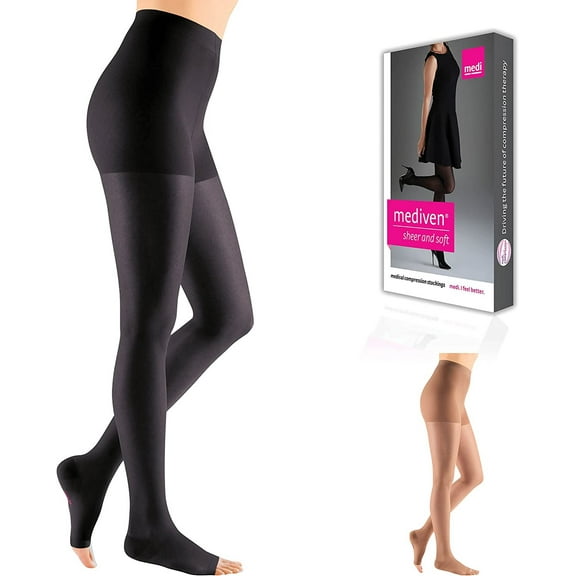 mediven Sheer & Soft for Women, 30-40 mmHg Panty Open Toe Compression Stockings, Ebony, VI-Standard