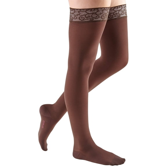 mediven comfort 15-20 mmHg Thigh High w/Lace Silicone Top Band Closed Toe Compression Stockings, Chocolate, VII-Standard