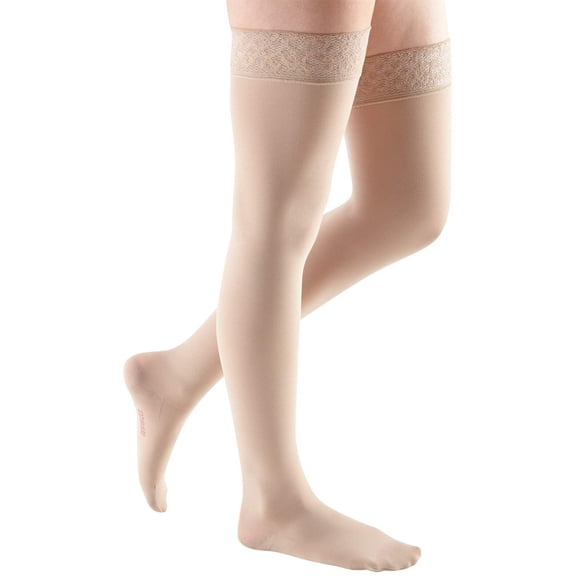 mediven comfort 15-20 mmHg Thigh High w/Lace Silicone Top Band Closed Toe Compression Stockings, Sandstone, I-Petite