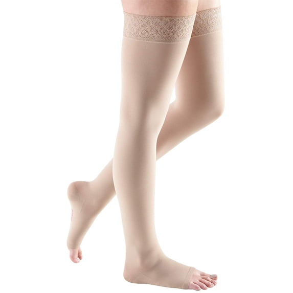 mediven comfort 20-30 mmHg Thigh High w/Lace Silicone Top Band Open Toe Compression Stockings, Sandstone, V-Petite
