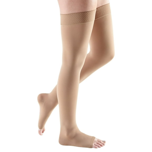 mediven comfort for Men & Women, 20-30 mmHg Thigh High w/Beaded Silicone Top Band Open Toe Compression Stockings, Natural, V-Petite