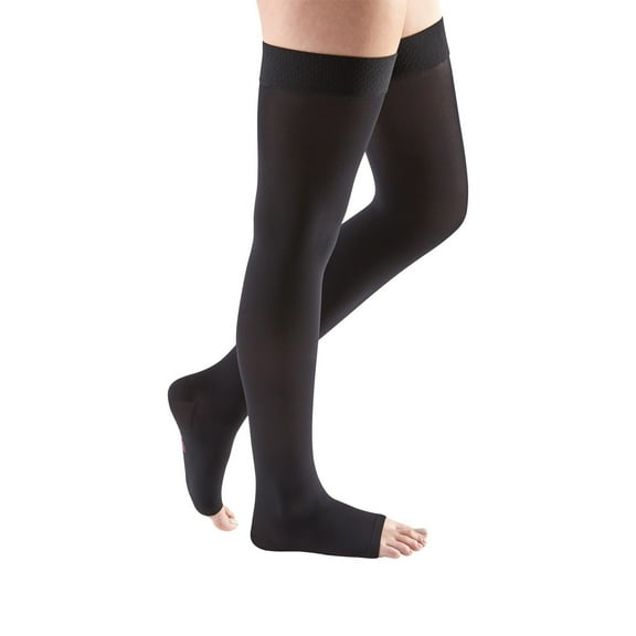 mediven comfort for Men & Women, 15-20 mmHg Thigh High w/Beaded Silicone Top Band Open Toe Compression Stockings, Ebony, VI-Standard