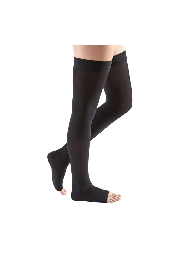 comfort for Men & Women, 15-20 mmHg Thigh High w/Beaded Silicone Top Band Open Toe Compression Stockings, Ebony, VI-Standard