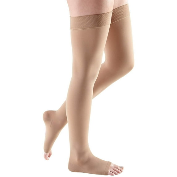 mediven comfort for Men & Women, 15-20 mmHg Thigh High w/Beaded Silicone Top Band Open Toe Compression Stockings, Natural, VI-Standard