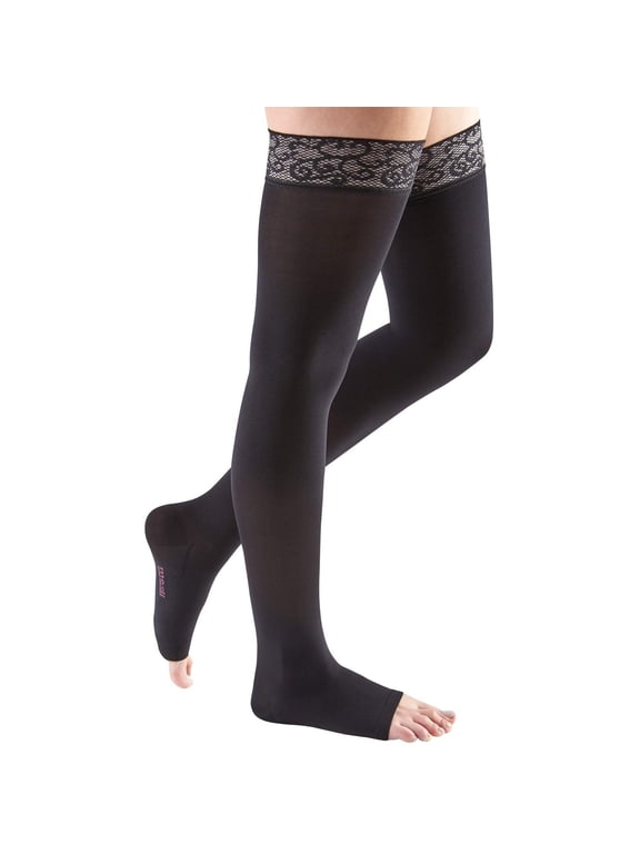 ven Comfort Open Toe Thigh Highs w/Lace Band 20-30 mmHg Ebony IV