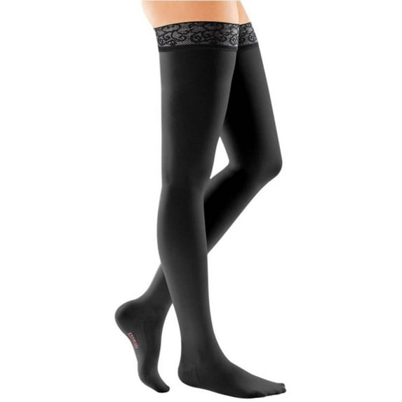 mediven comfort 20-30 mmHg Thigh High w/Lace Silicone Top Band Closed Toe Compression Stockings, Ebony, V-Standard