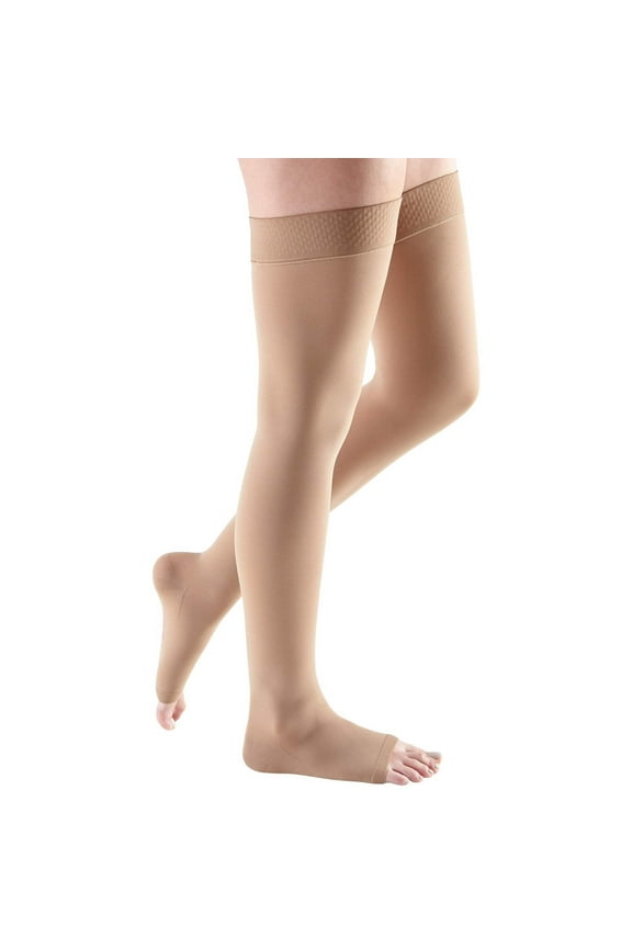 mediven comfort for Men & Women, 30-40 mmHg Thigh High w/Beaded Silicone Top Band Open Toe Compression Stockings, Natural, V-Standard