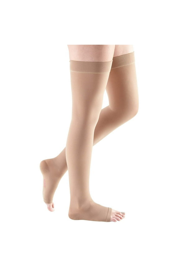 ven plus for Men & Women, 20-30 mmHg Thigh High Open Toe Compression Stockings, Beige, V-Petite