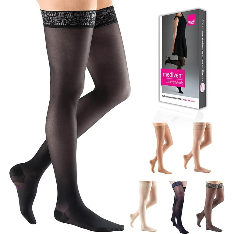 mediven sheer & soft for Women, 15-20 mmHg Thigh High w/Lace Silicone Top  Band Closed Toe Compression Stockings, Ebony, VII-Standard 