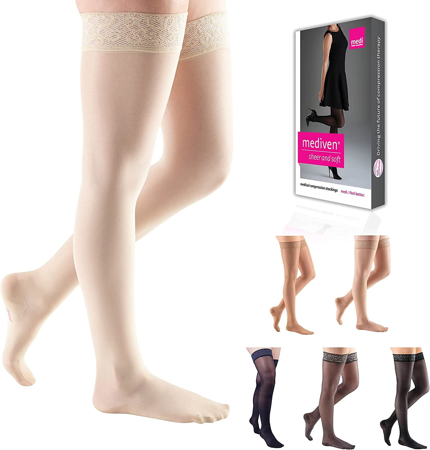 mediven sheer & soft for Women, 20-30 mmHg Thigh High w/Lace Silicone Top  Band Closed Toe Compression Stockings, Wheat, I-Petite