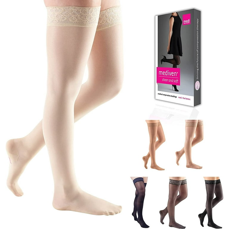 mediven sheer & soft for Women, 20-30 mmHg Thigh High w/Lace Silicone Top  Band Closed Toe Compression Stockings, Wheat, VI-Standard 