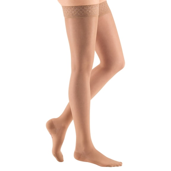 mediven sheer & soft for Women, 30-40 mmHg Thigh High w/Lace Silicone Top Band Closed Toe Compression Stockings, Natural, IV-Petite