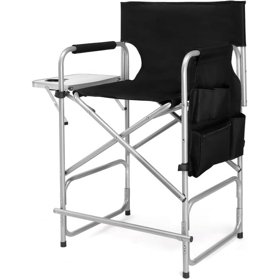 mefeir 26" Tall Folding Directors Chair with Side Table,Portable Makeup Artist Bar Height, Steel Frame 300 lbs Capacity, 19.2" D x 23.6" W x 40.5" H,Black
