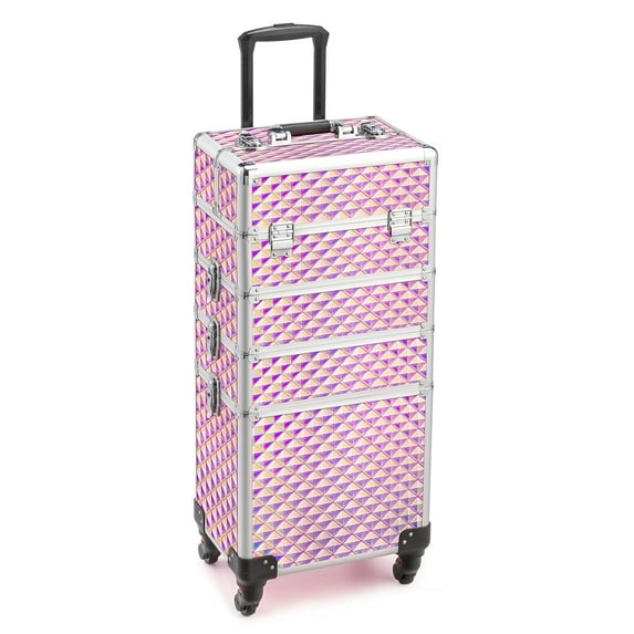 mefeir 4-in-1 Rolling Makeup Train Case Lift Handle,4 Removable Wheels Lockable Keys,Aluminum Cosmetic Trolley Beauty Stylist Artist Organizer Box,Ideal Xmas New Year Gift (Diamond Pink)