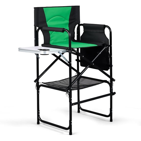 mefeir 45.7" Extra Tall Director Chair w/Side Table, Heavy-Duty Steel Frame Portable Folding Bar Stool w/Storage Pockets, for Makeup Artist, Salon, Studio, Camping, 300 lbs Capacity (Green)
