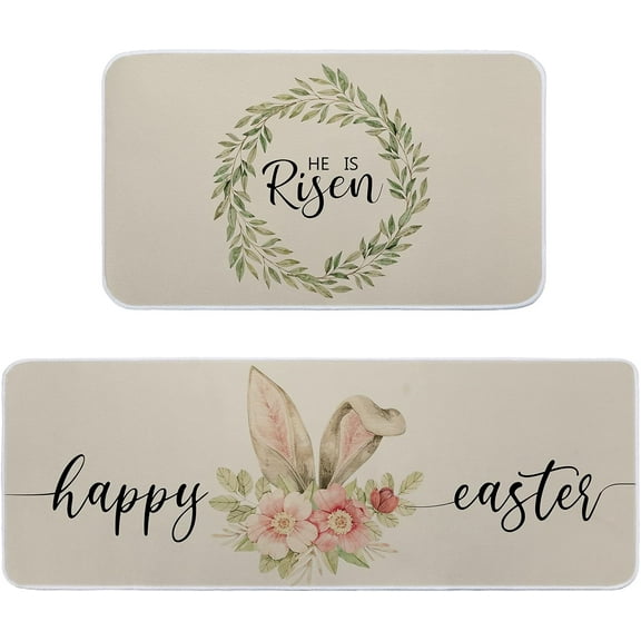 megaoo 2 Pcs Easter Kitchen Rug 17 x 29 and 17 x 47 Inch Cute Bunny Ears Rug Easter Doormat He is Risen Spring Floral Rug Non Slip Happy Easter Mat Set for Kitchen Indoor Outdoor Entrance Floor