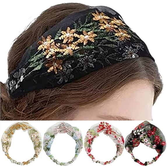meidiya Boho 5 Pcs/Set Vintage Flower Embroidery Lace Headbands Women Girls Stretch Headband Elegant Wide Headwrap Fashion and Sport Hair Accessories for Women and Girls