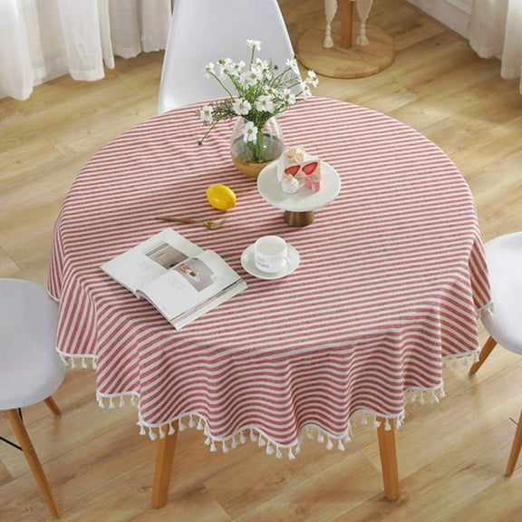 meioro Round Tablecloth Stripe Tassel Table Cloth Cotton Linen Dust-Proof Table Cover for Dining Circle Coffee Side End Card Tables, Parties Holiday Indoor Outdoor Use (Red/White Stripes, 150cm )