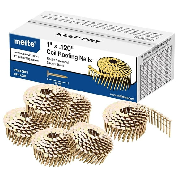 MEITE 7,200 Counts 1" Length Coil Roofing Nails 15 Degree Smooth Shank Galvanized Wire Collated 1" x 0.12"