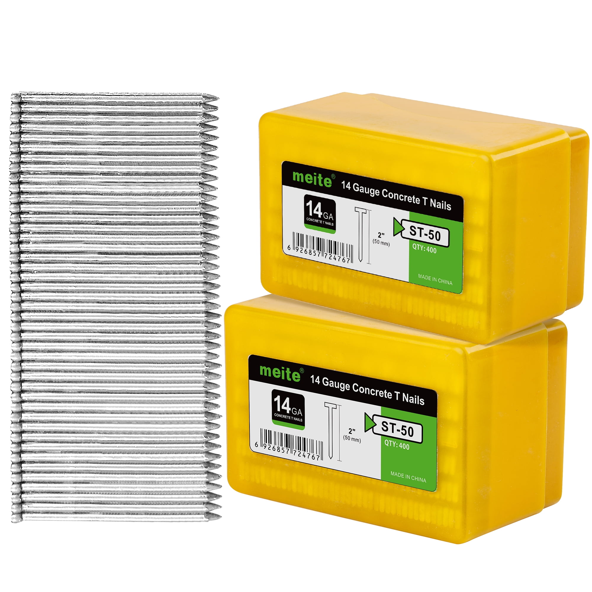 meite 14 Gauge Concrete T Nails for Pneumatic Concrete Nailer Gun - 2" Length Galvanized Concrete Finish Nails (2 Boxes)