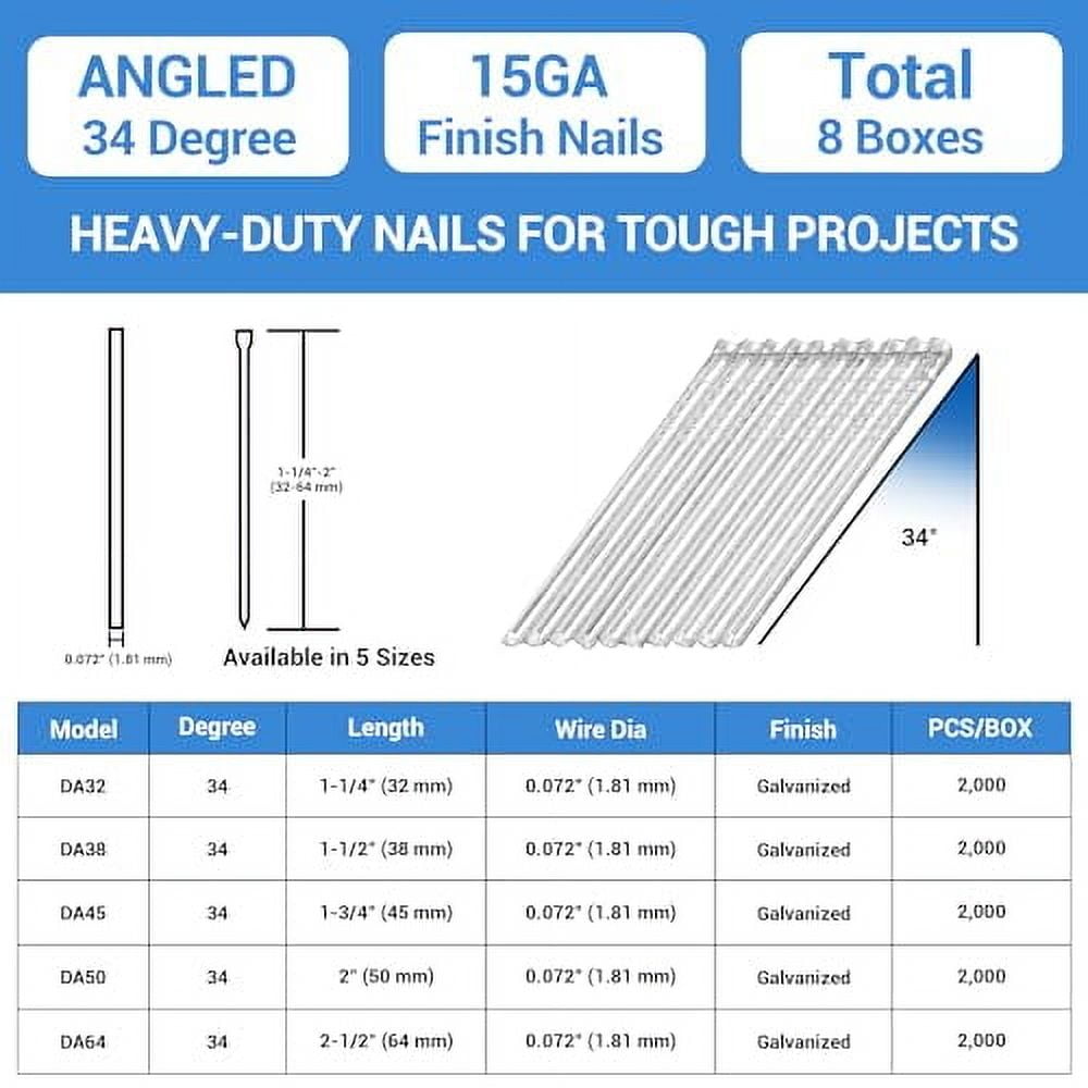 meite 15 Gauge Angled Finish Nails, 1-3/4-Inch 34 Degree DA Series Galvanized Finishing Nails for Nailer Guns - Perfect for Window Trim, Cabinet Building and Other DIY Projects (8